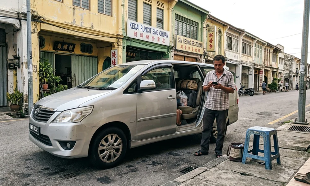An air-conditioned vehicle waiting on a quiet street with the sliding door open, bags half-loaded