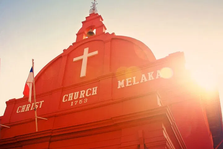 The red gable of Christ Church Melaka, lettered CHRIST CHURCH 1753 MELAKA