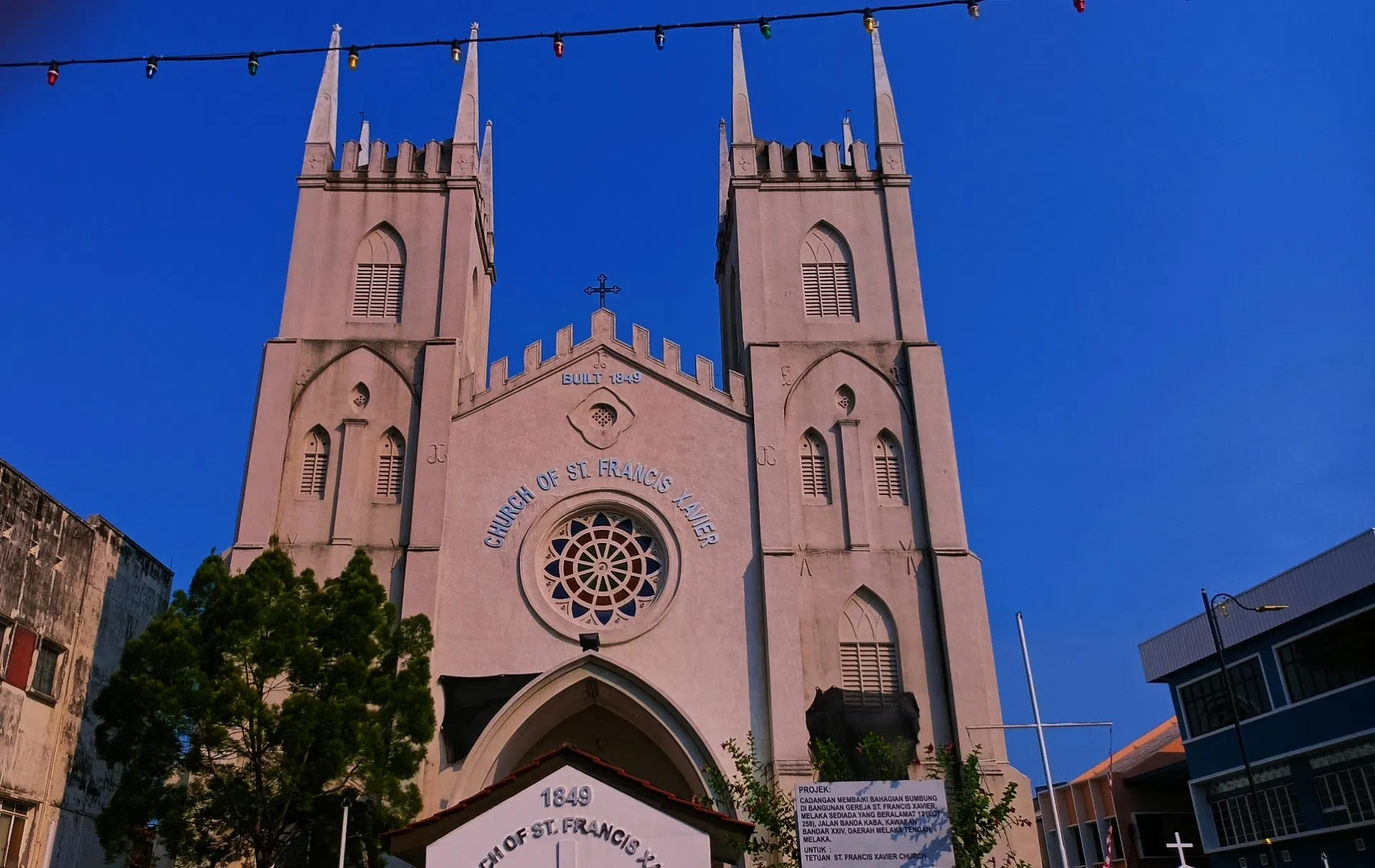 The twin spires of the Church of St Francis Xavier in Melaka, built 1849