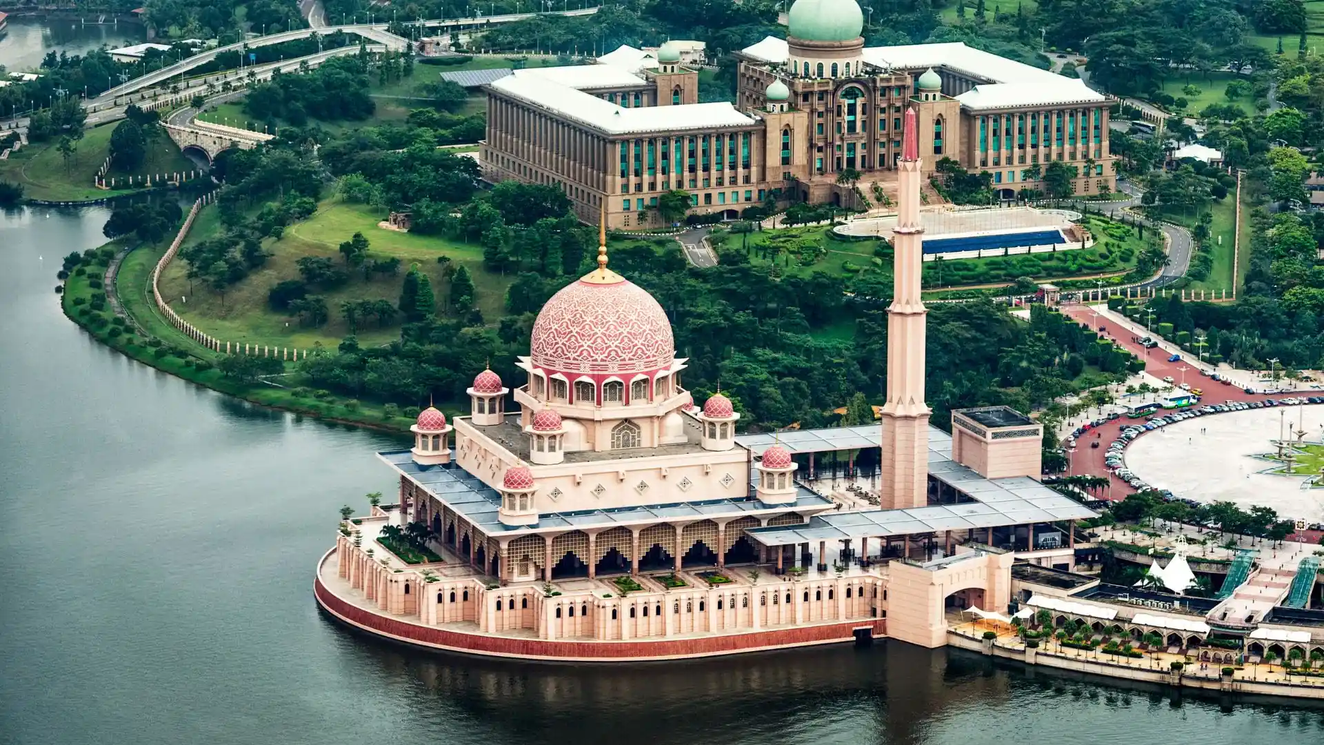 Putra Mosque and Perdana Putra beside the lake in Putrajaya, seen from the air