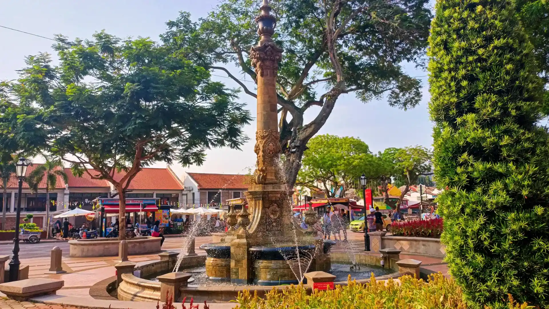 The Queen Victoria fountain running at Dutch Square in Melaka